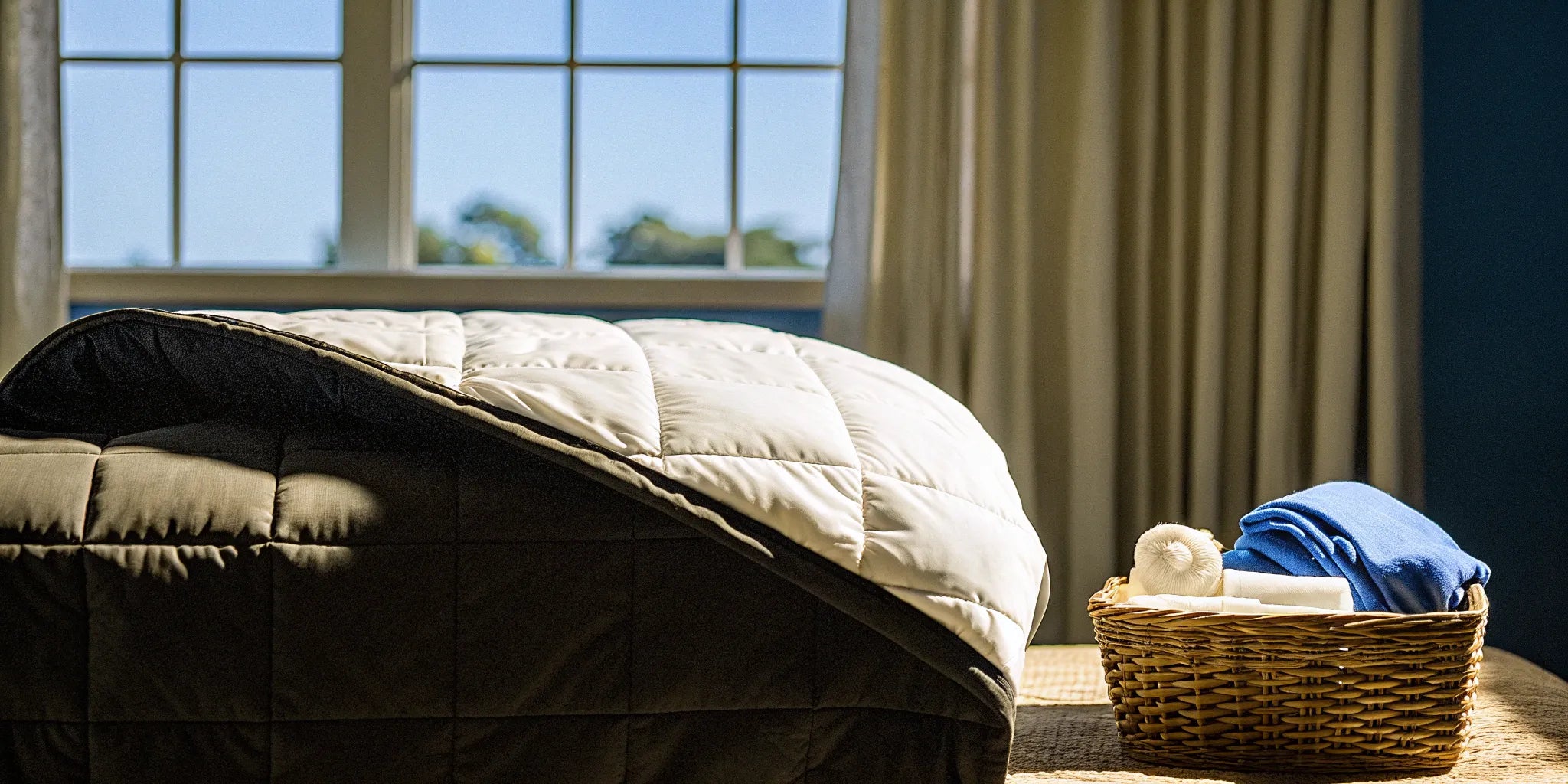 A 15 lb weighted blanket folded in a laundry basket, ready for washing.