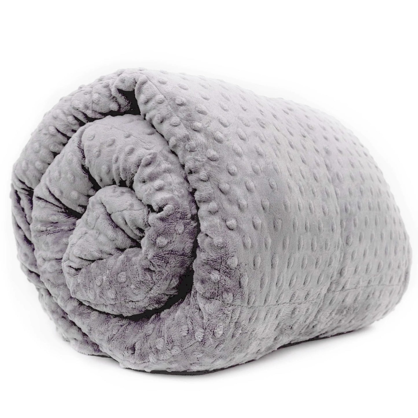 A grey minky weighted blanket rolled up, showcasing its soft, velvety texture.