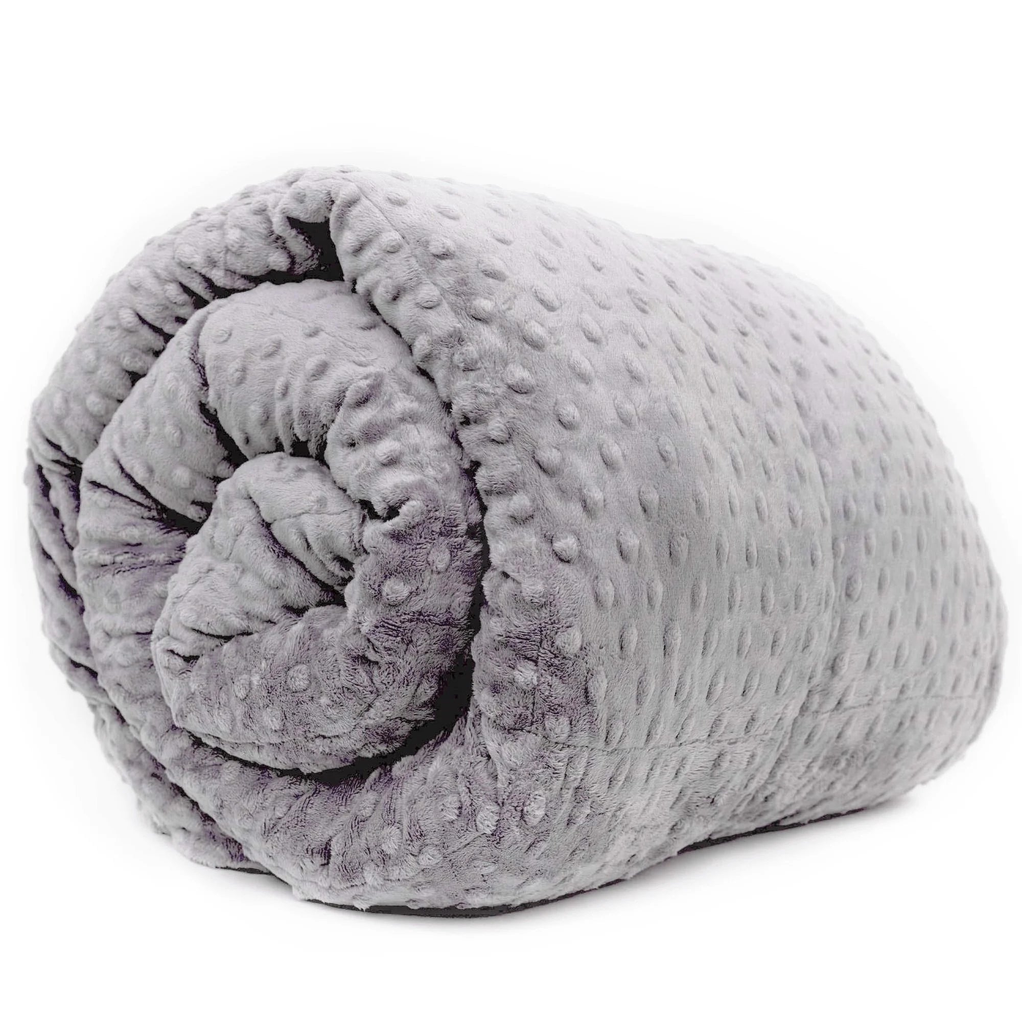 A grey minky weighted blanket rolled up, showcasing its soft, velvety texture.