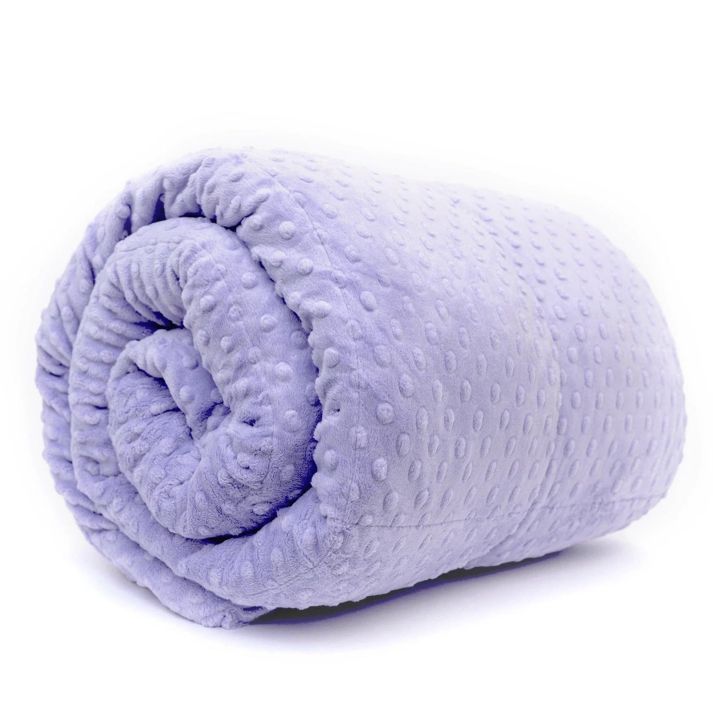 A lavendar minky weighted blanket rolled up, showcasing its soft, velvety texture.