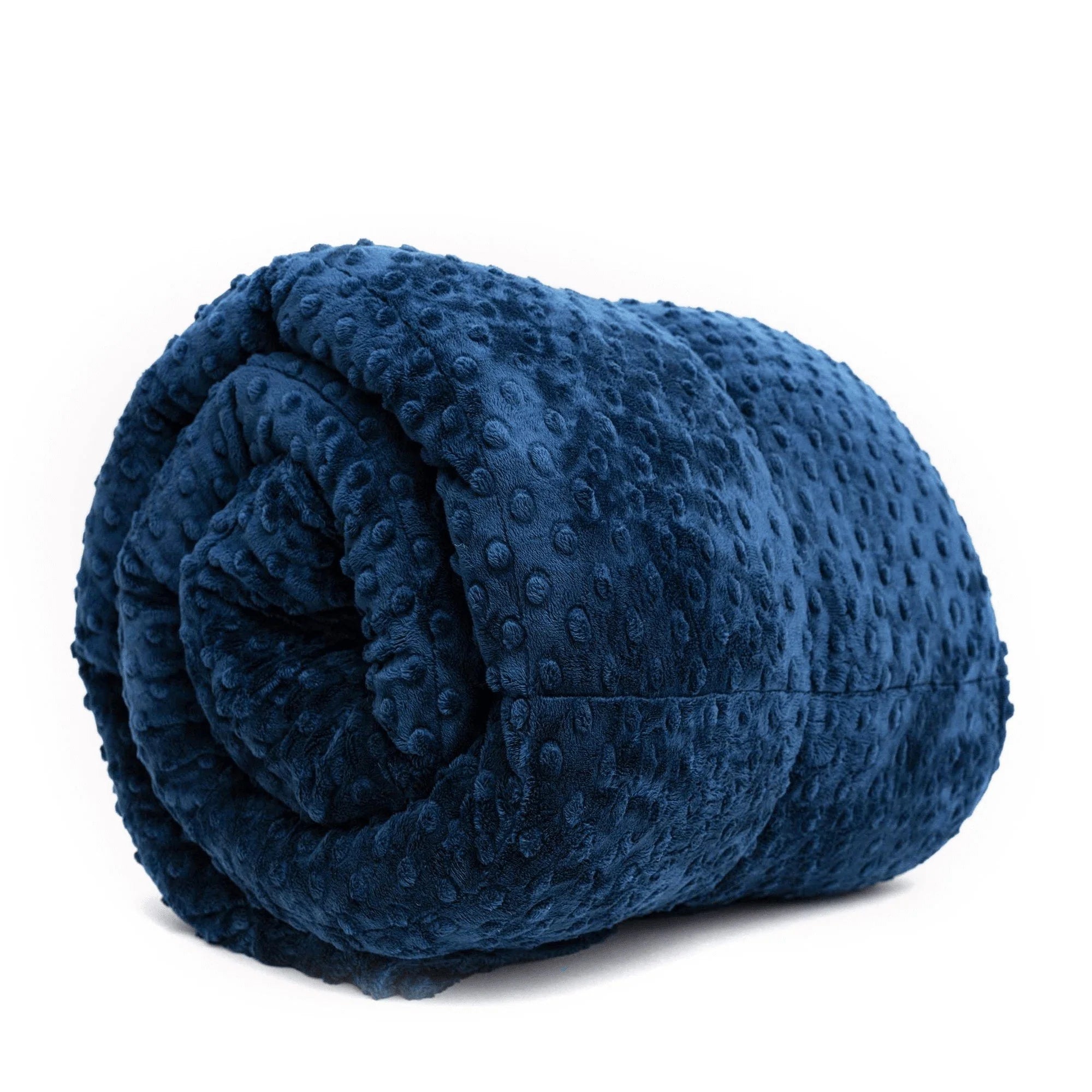 A blue minky weighted blanket rolled up, showcasing its soft, velvety texture.
