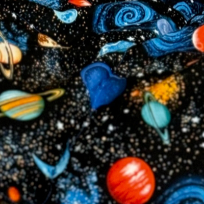 Colorful space-themed fabric with planets and stars on a black background
