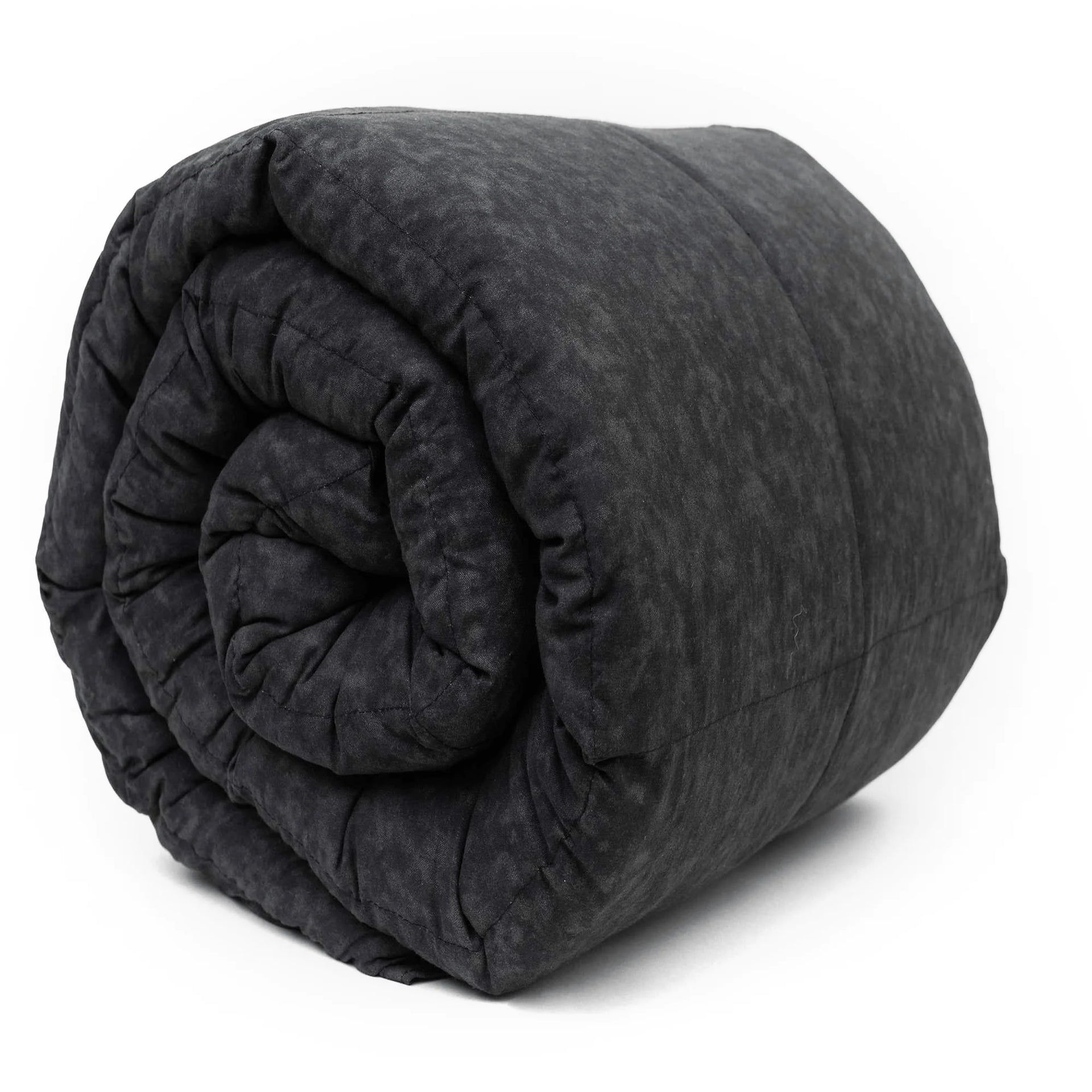 A rolled up cotton weighted blanket in a black color, showing a textured pattern.