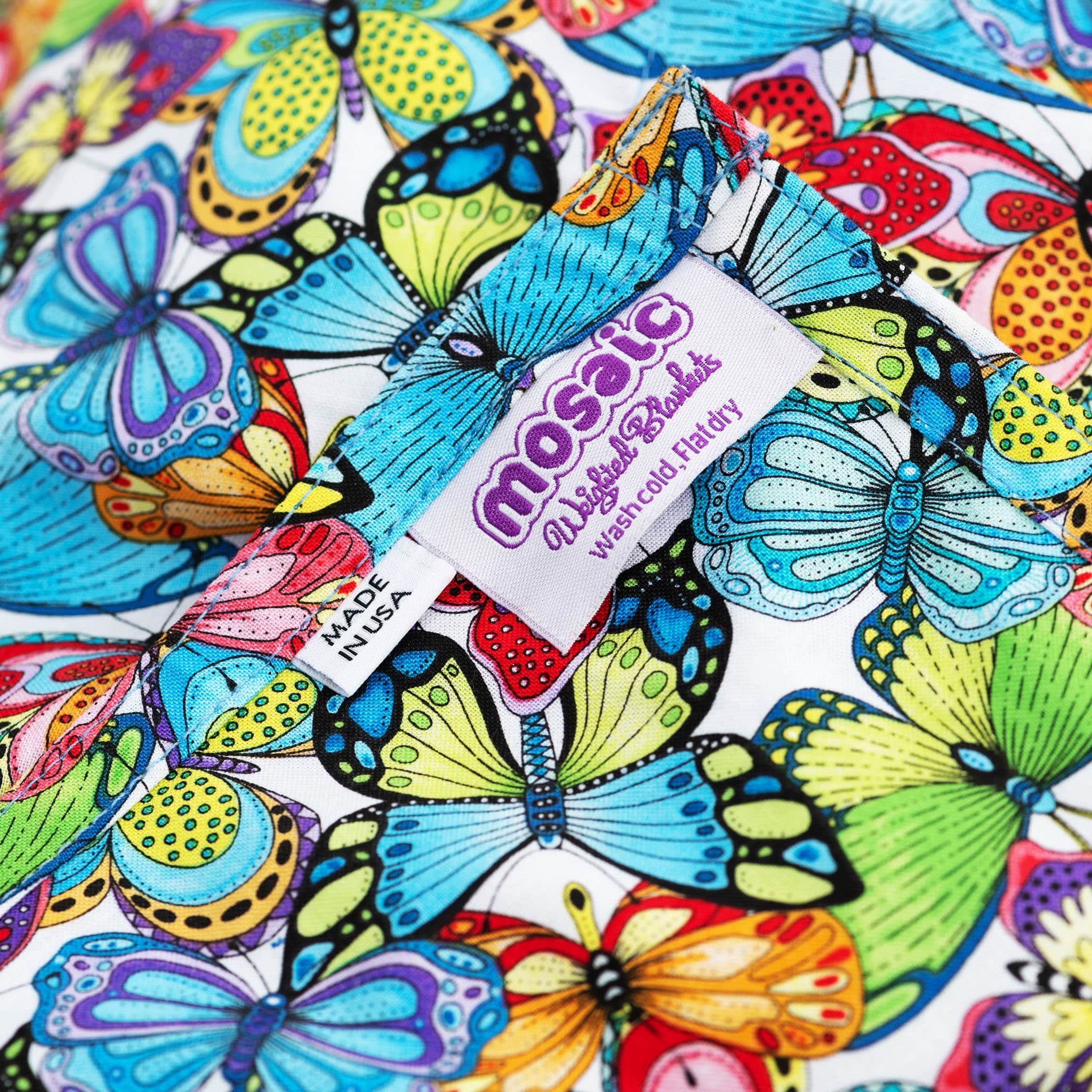 Closeup of Mosaic Weighted Blankets Green and Blue Butterflies Weighted Blanket