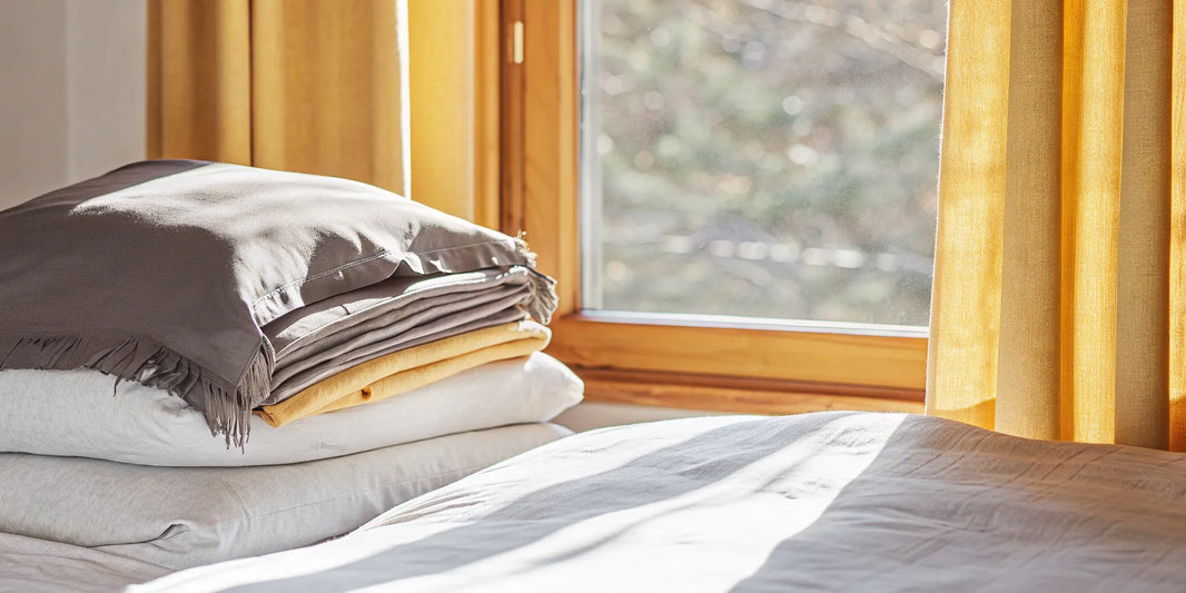 A 15 lb queen size weighted blanket folded on a bed.