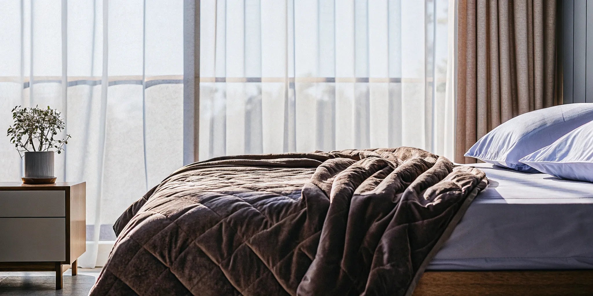 A king size cooling weighted blanket on a bed in a bright, comfortable bedroom.