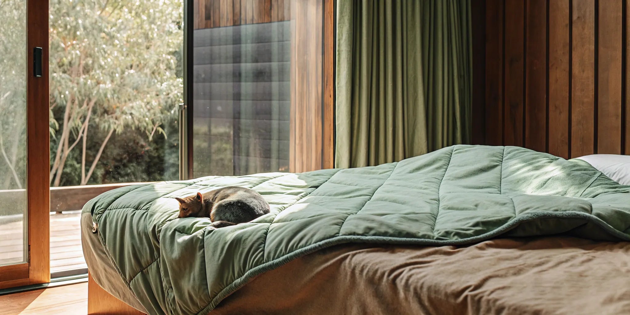 Cat sleeping on a green weighted blanket with a washable cover.