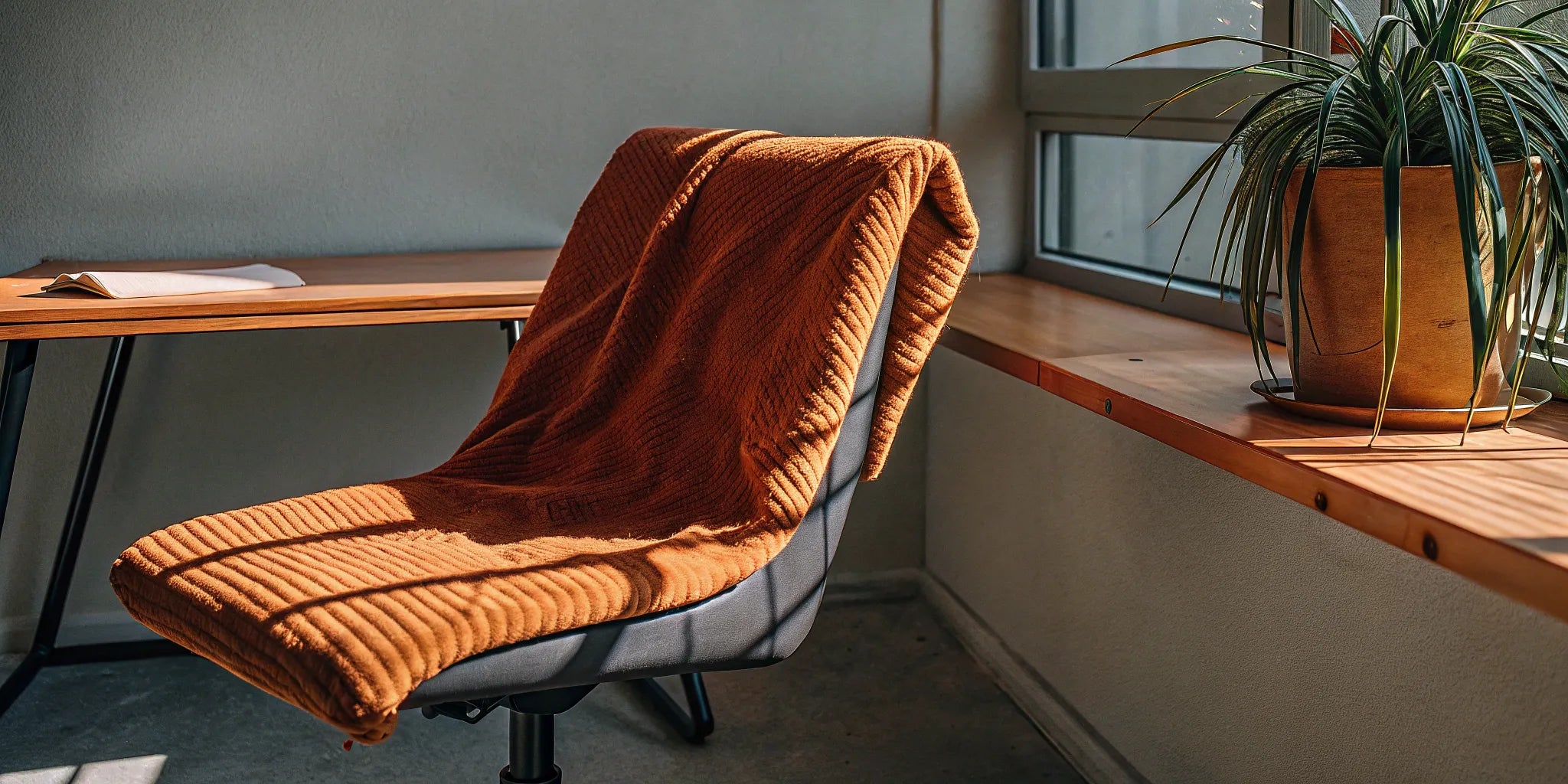 Best weighted lap pad for an office chair draped over an ergonomic seat.