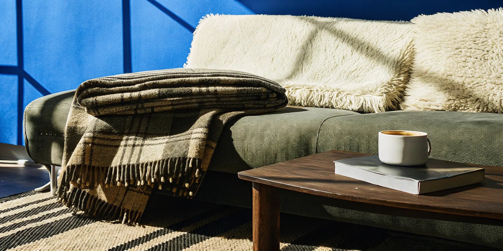 A cozy weighted throw blanket on a couch next to a warm drink and a book.