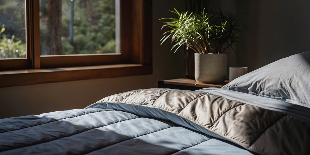 A weighted blanket for anxiety relief, showing the calming benefits on a neatly made bed.