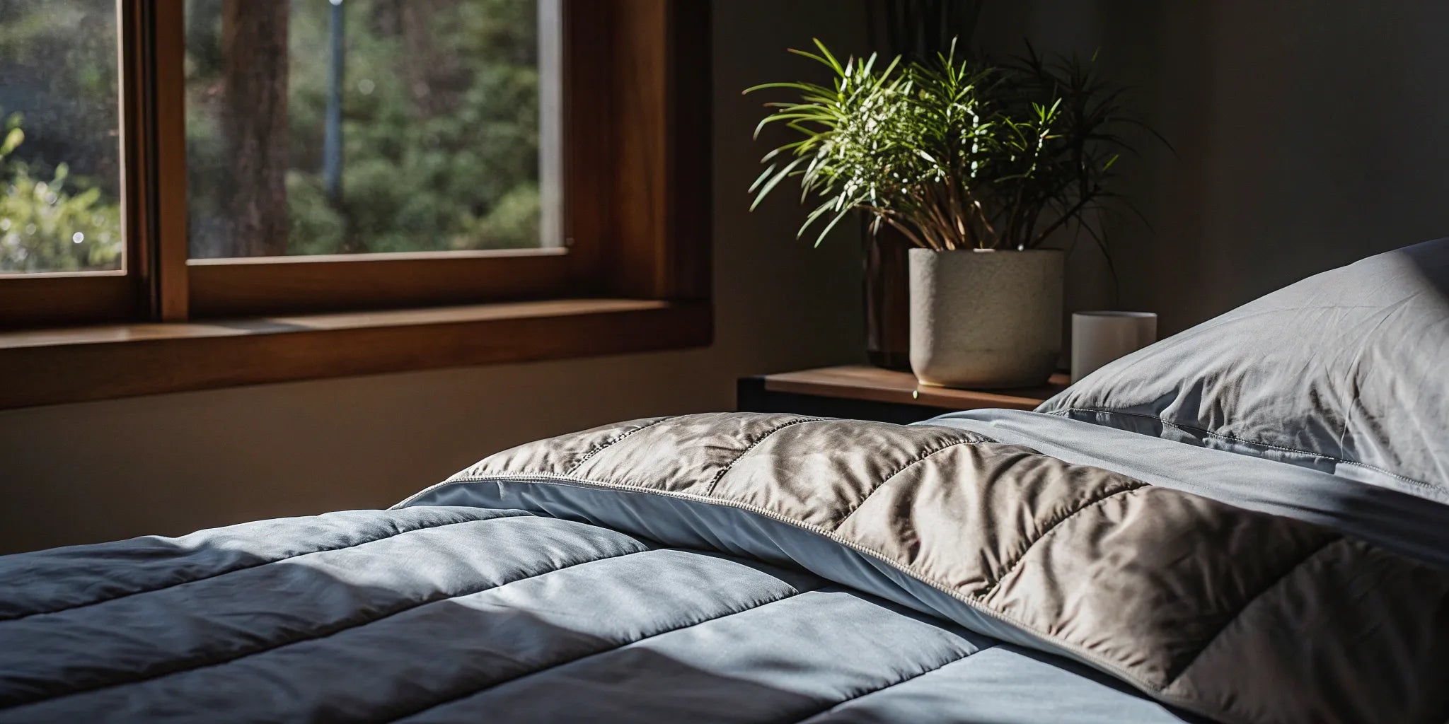 A weighted blanket for anxiety relief, showing the calming benefits on a neatly made bed.