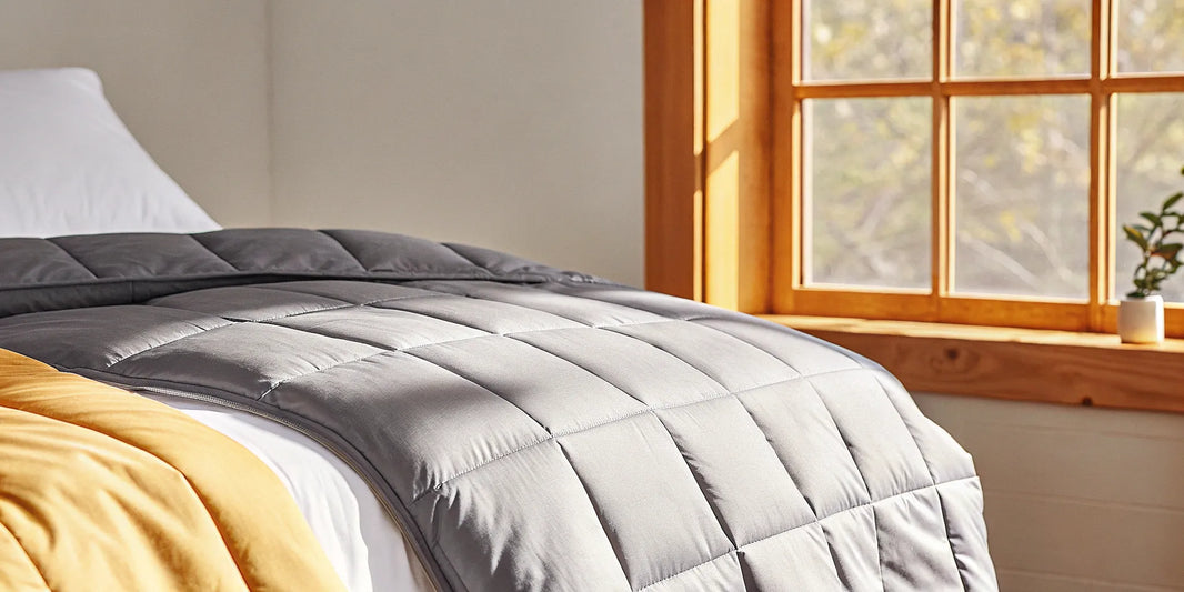 The best cooling weighted blanket for hot sleepers resting on a neatly made bed.