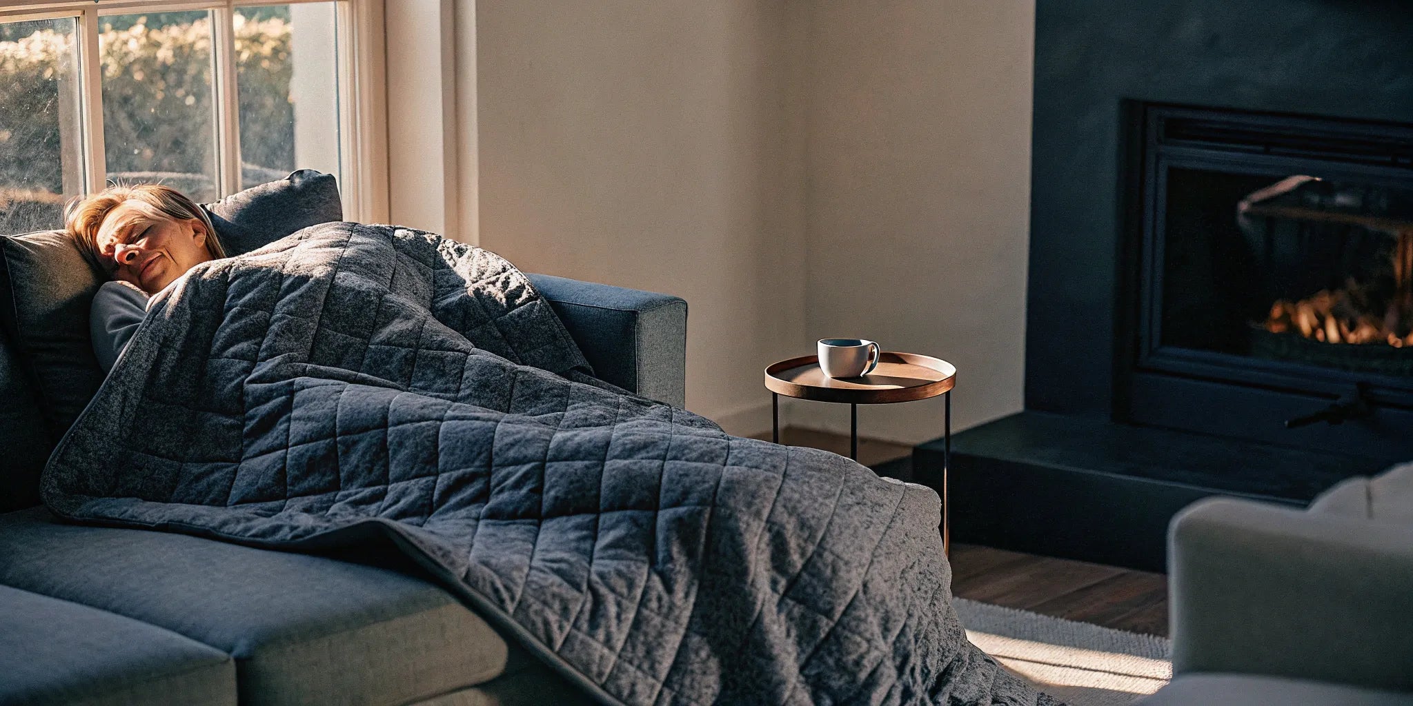 Senior woman enjoying the calming benefits of a weighted blanket while resting on a couch.