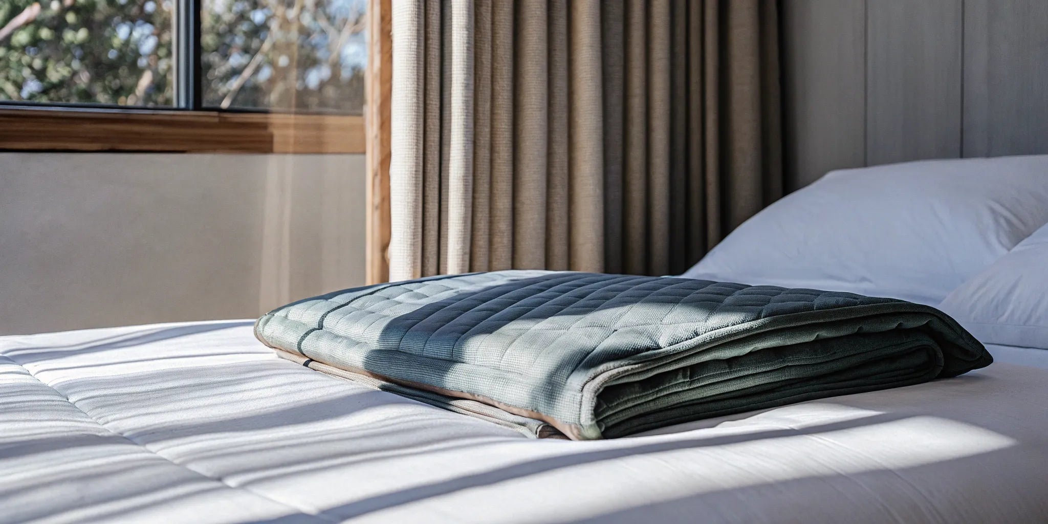 Cooling weighted blanket on a made bed.