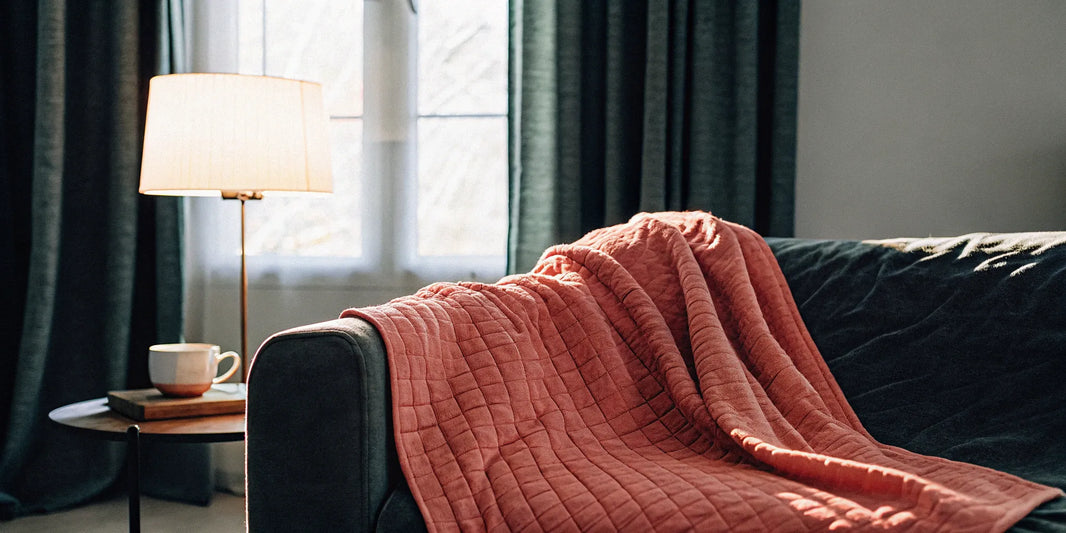 A custom weighted blanket on a sofa, an example of a bulk order.