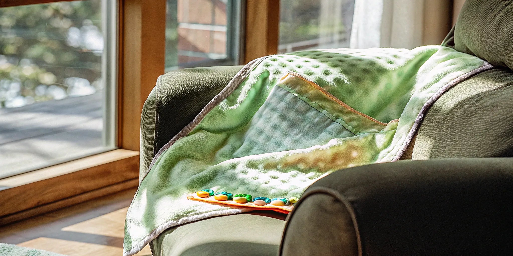 Green textured fidget blanket for autism with colorful sensory elements.
