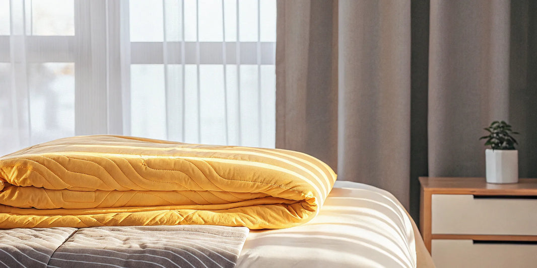 A cooling weighted blanket folded to display its breathable weave, showing how it works to stay cool.