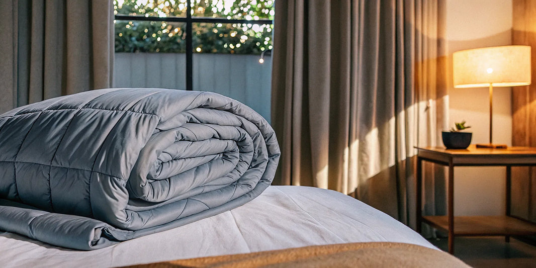 A breathable weighted blanket for hot sleepers, folded on a bed.