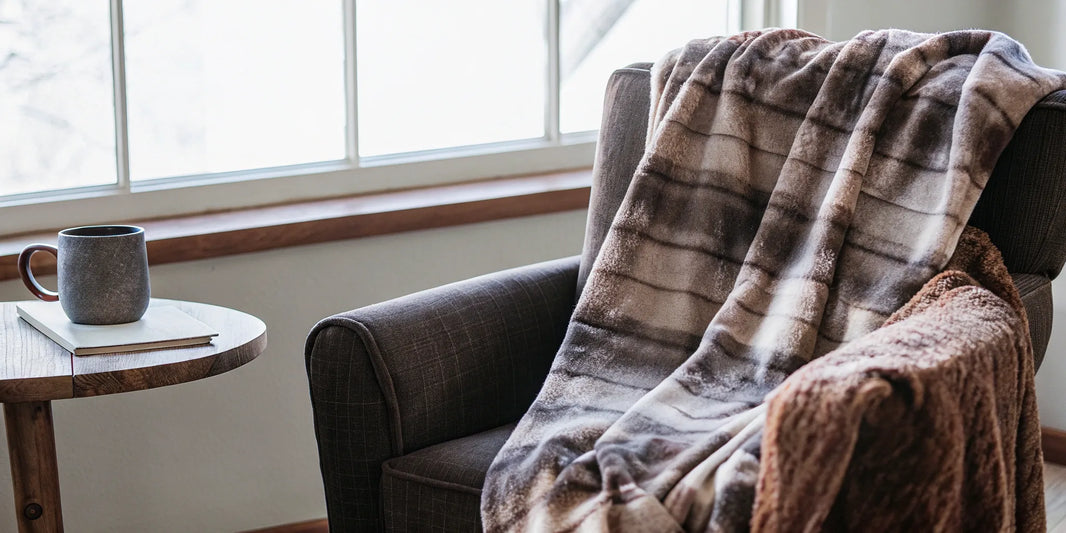 A high-quality minky weighted blanket made with soft fabric, draped on a chair.