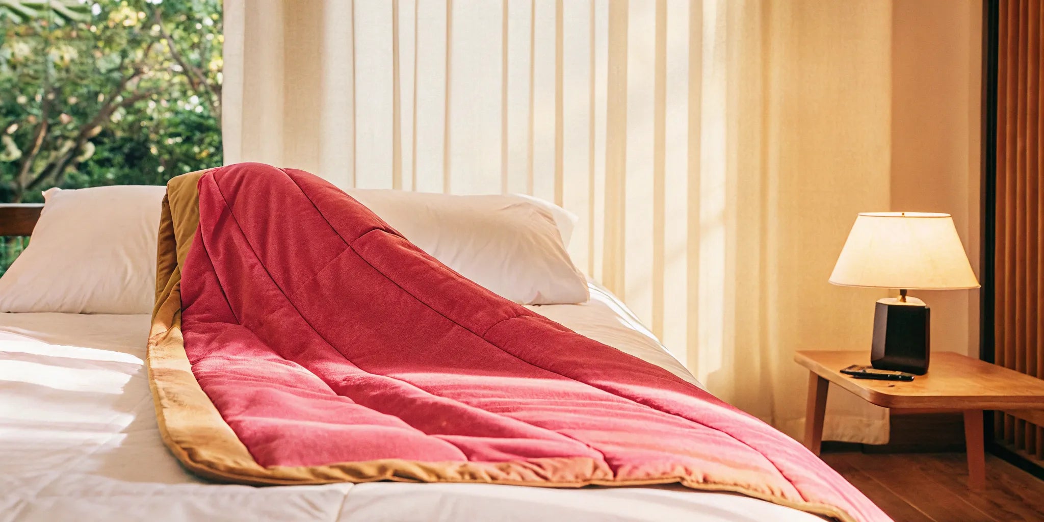 A red focus blanket for ADHD on a bed, offering deep pressure for focus and calm.