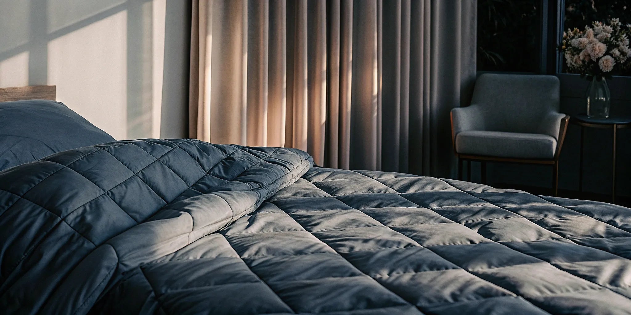 A queen size weighted blanket with a quilted pocket design on a bed.