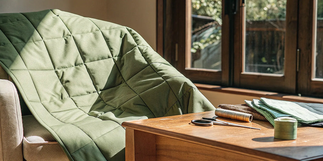 Designing your own weighted blanket with green fabric, sewing tools, and the finished product.