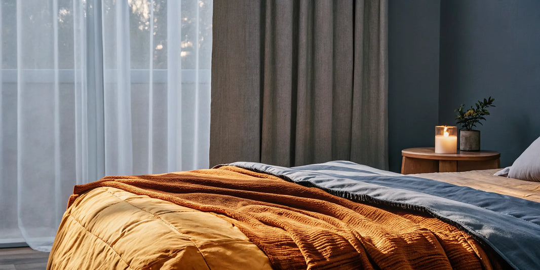 Using a weighted blanket on a bed for anxiety relief and better sleep.