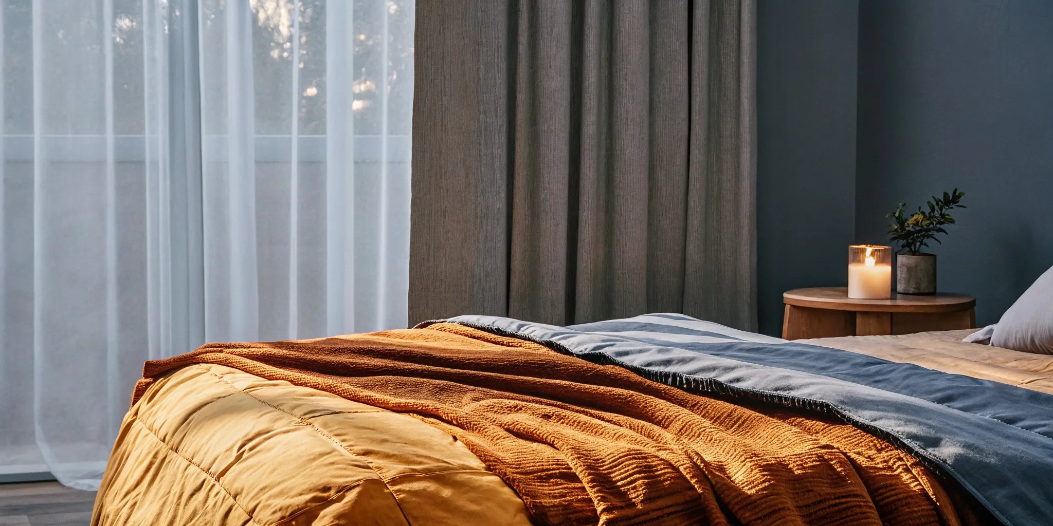 Using a weighted blanket on a bed for anxiety relief and better sleep.