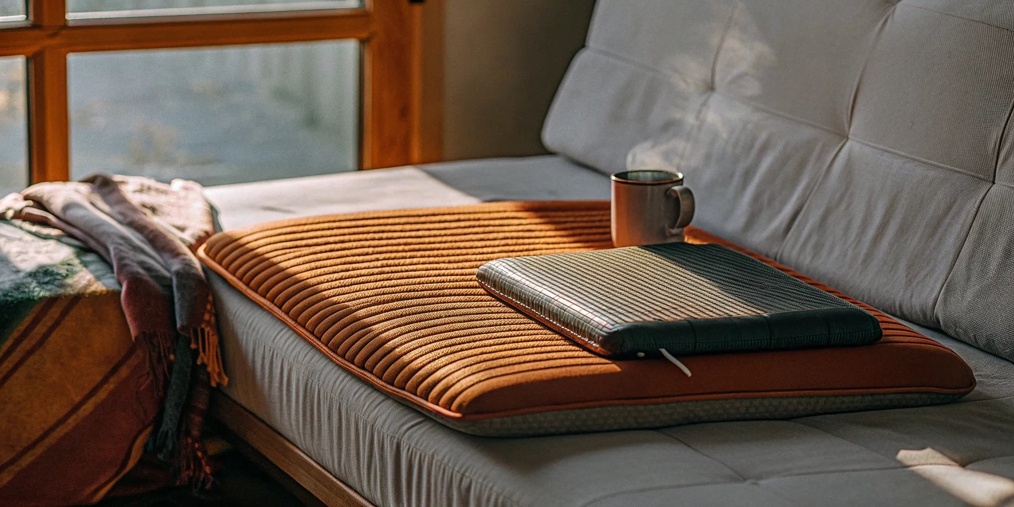 A weighted lap pad for anxiety resting on a couch.