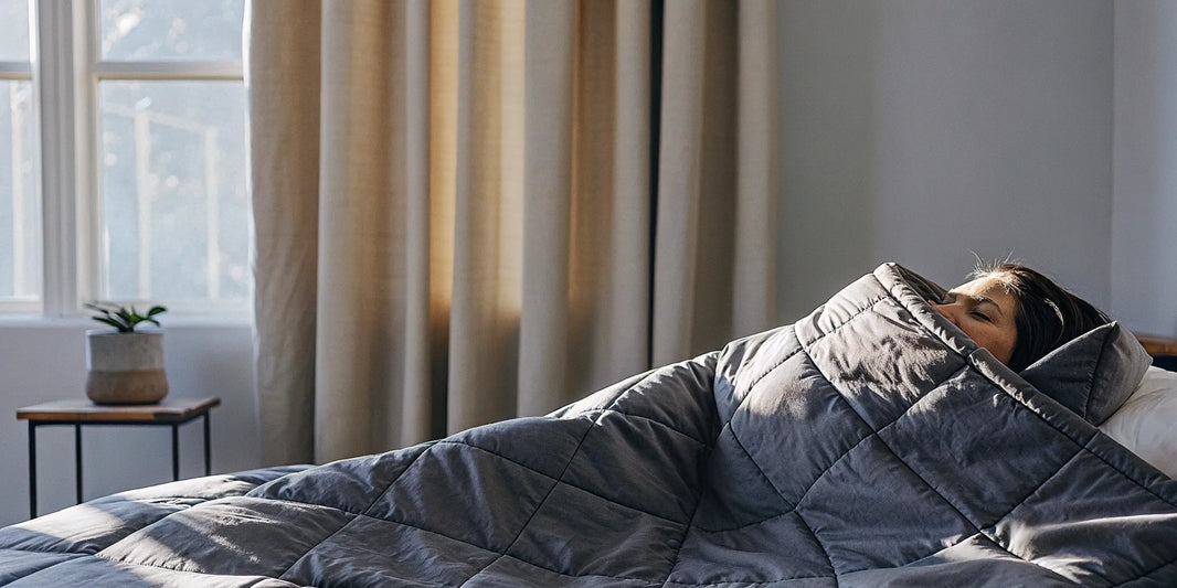 A person finding calm from anxiety and depression under a weighted blanket.
