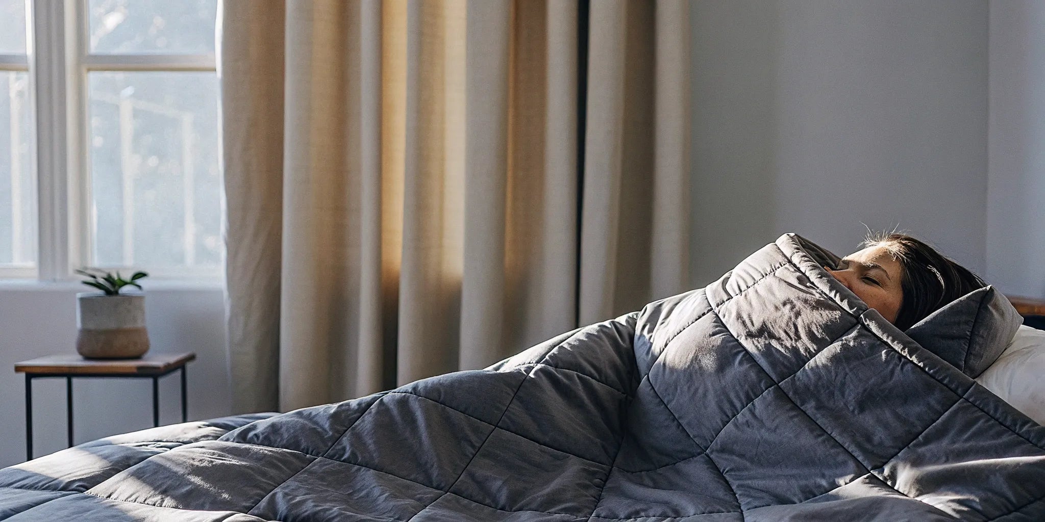 A person finding calm from anxiety and depression under a weighted blanket.
