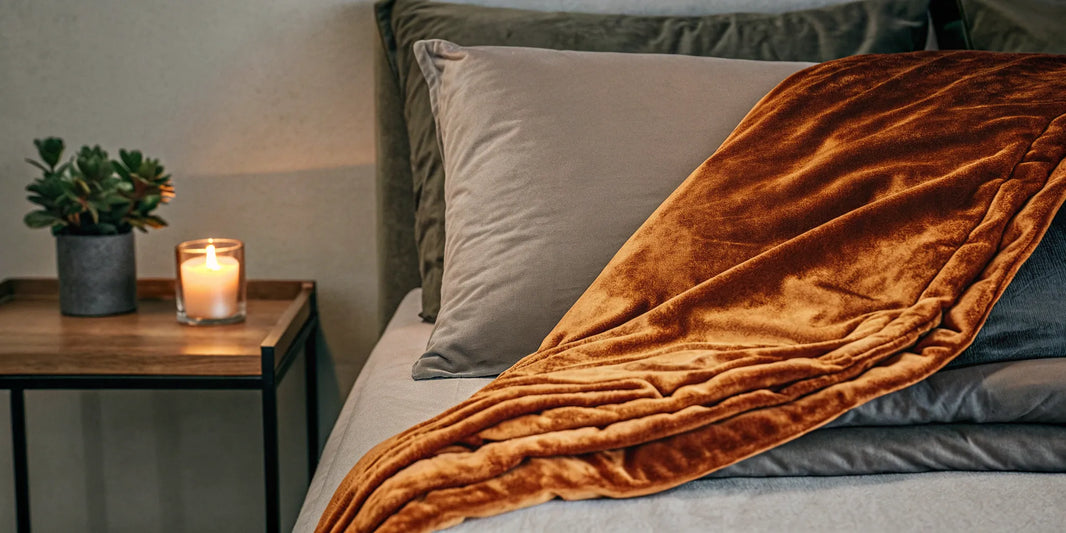 Cozy minky blanket on bed with pillows.