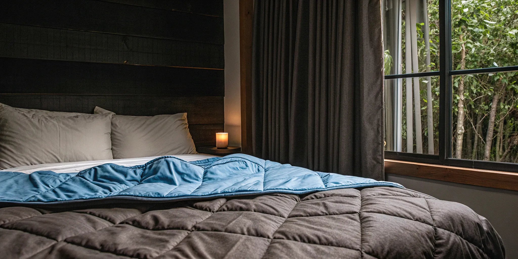 A queen weighted blanket neatly laid out on a bed for someone looking to buy one online.