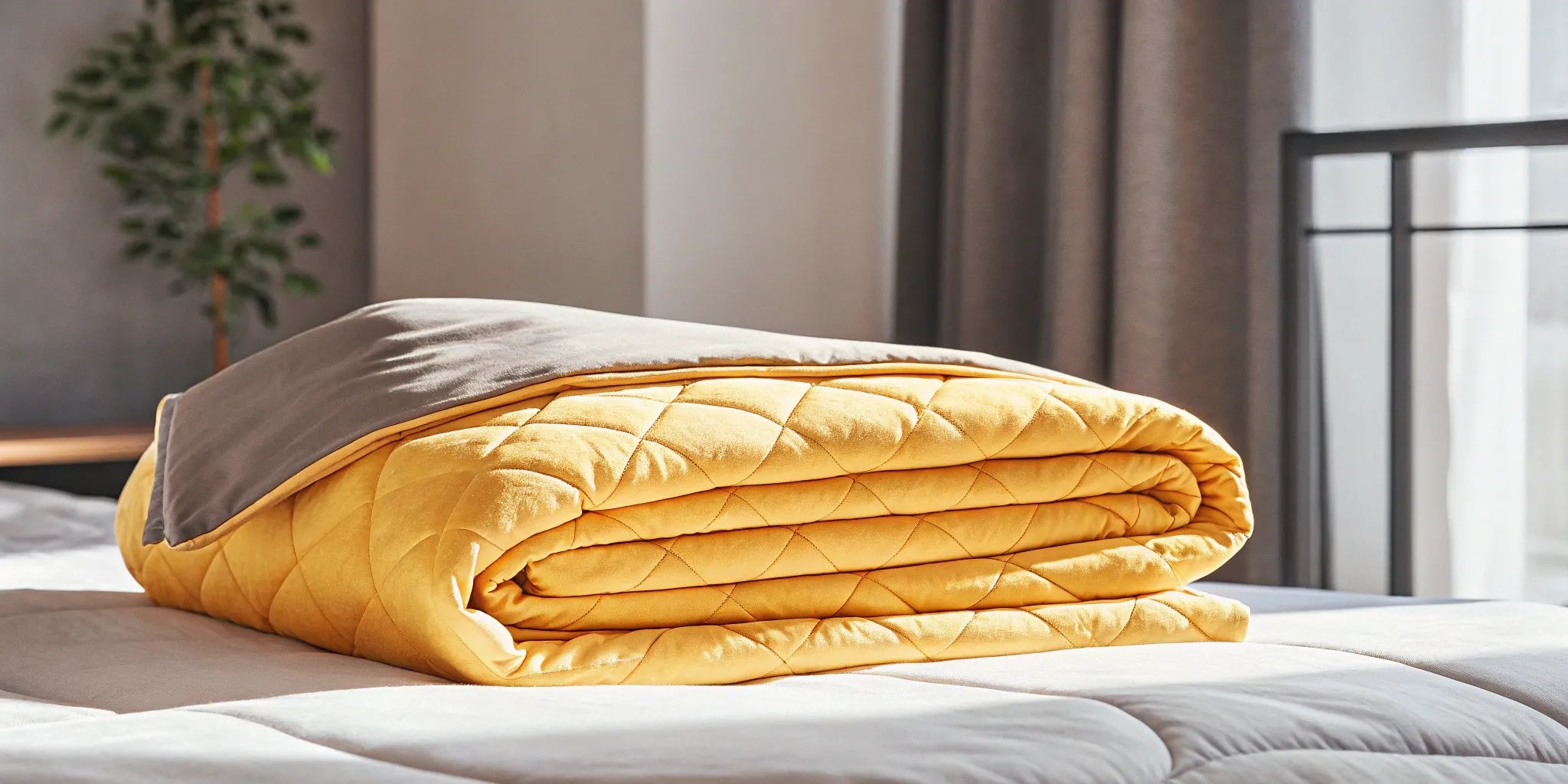 Weighted blanket for adults on bed.