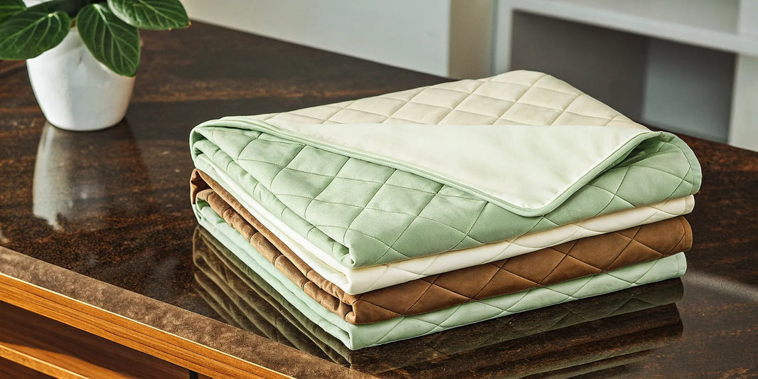 A stack of soft sensory compression blankets for kids, offering calming support for anxiety and sleep.