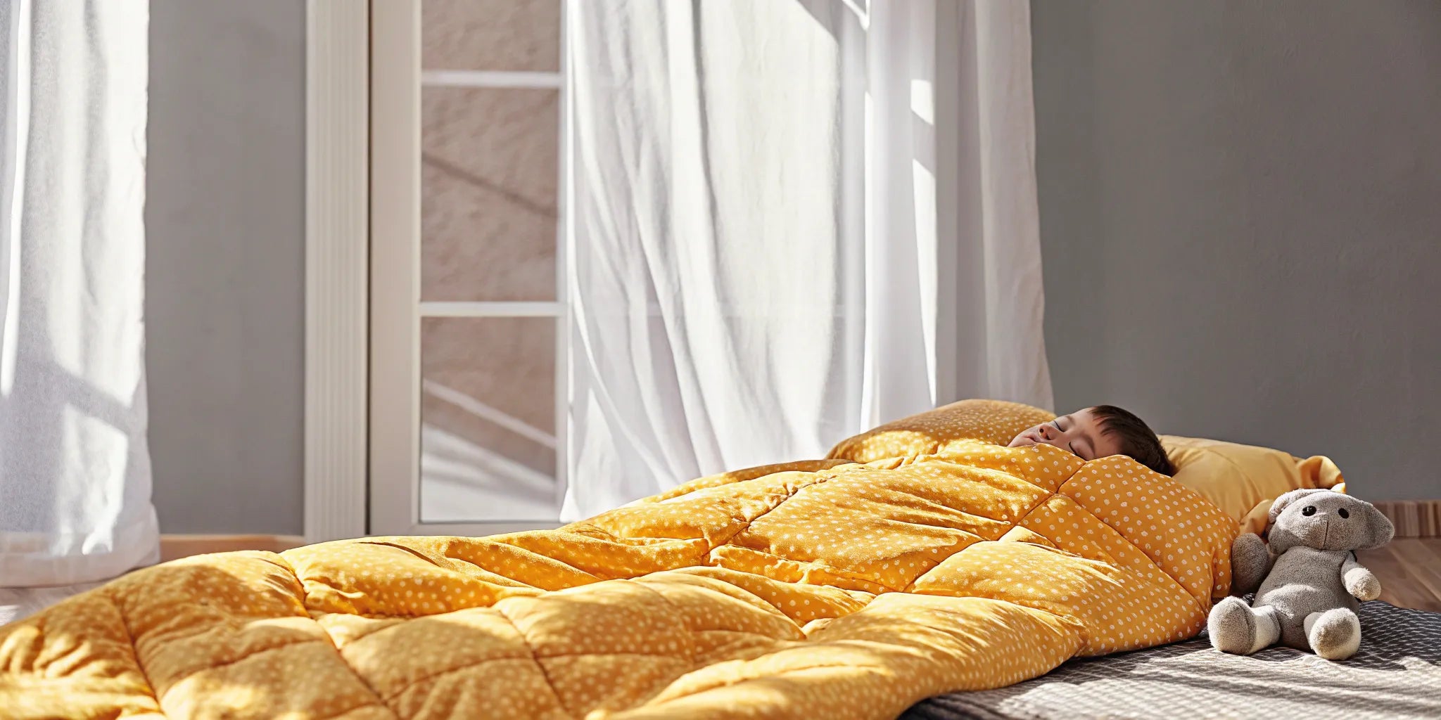 Child sleeping peacefully under a sensory seeking blanket.