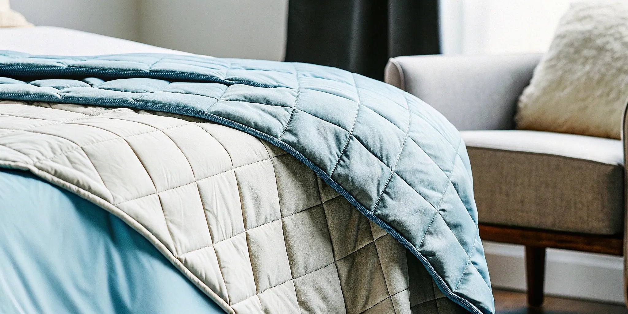 Best easy to clean weighted blanket with a quilted design draped over a bed.