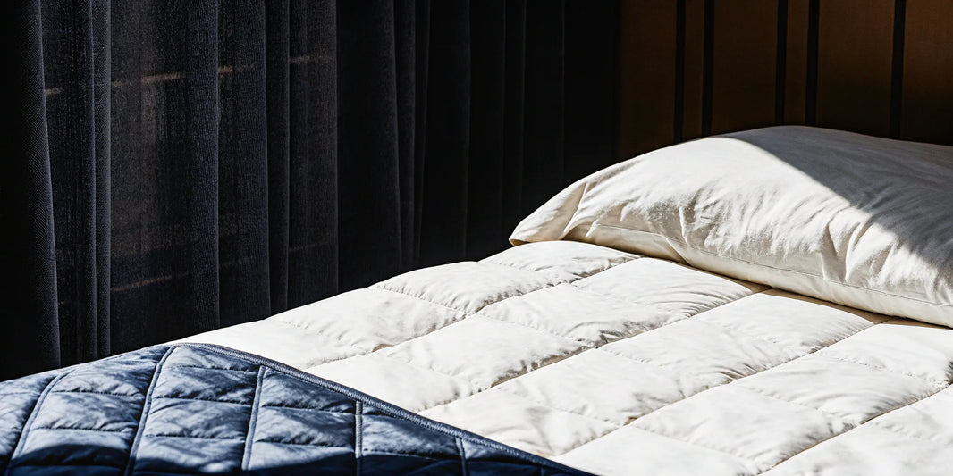 A washable weighted blanket for adults resting on a bed.