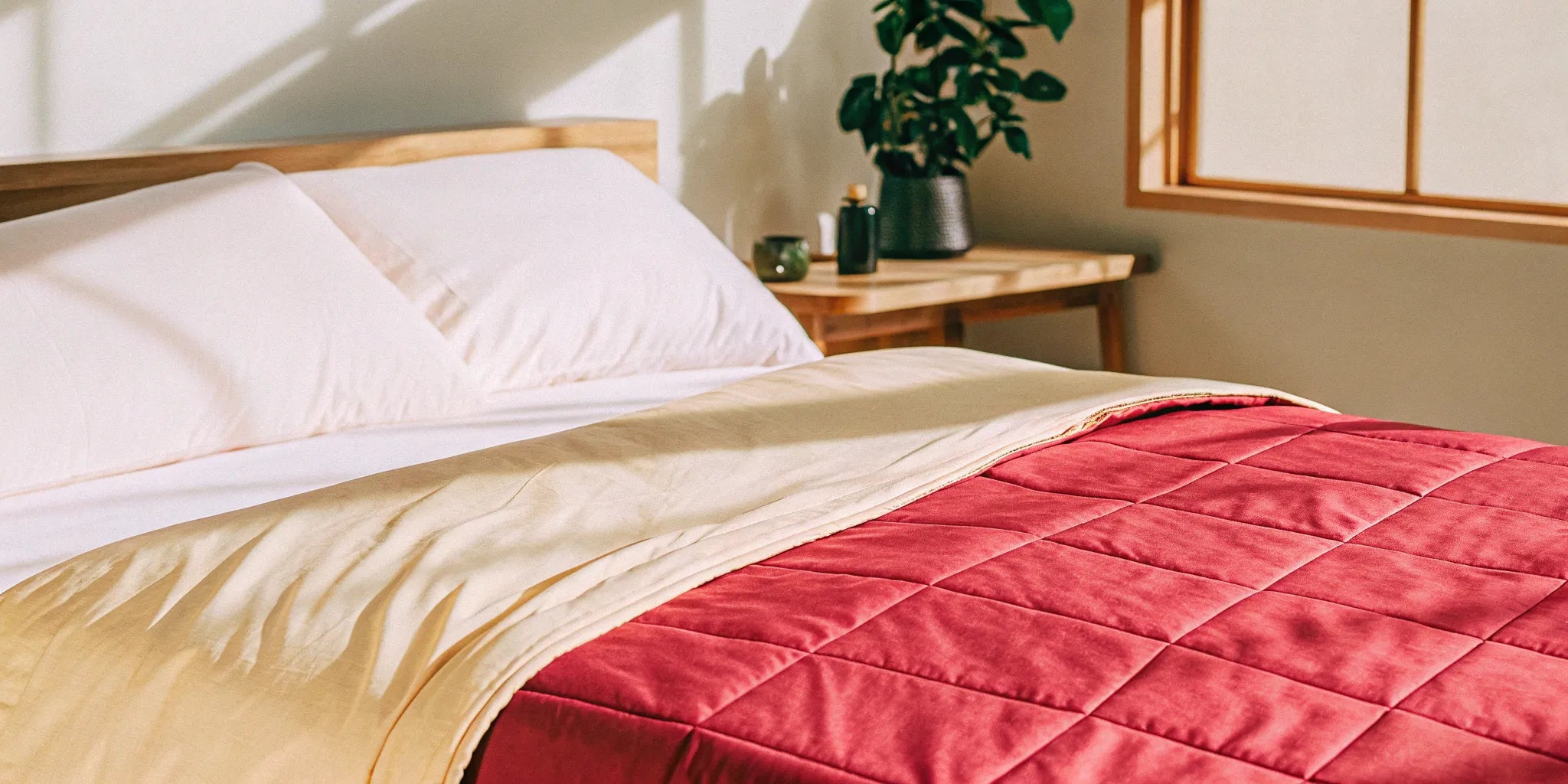 A 20 lbs twin weighted blanket neatly laid out on a bed.