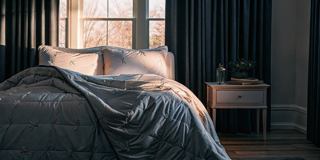 Queen size weighted blanket on bed.