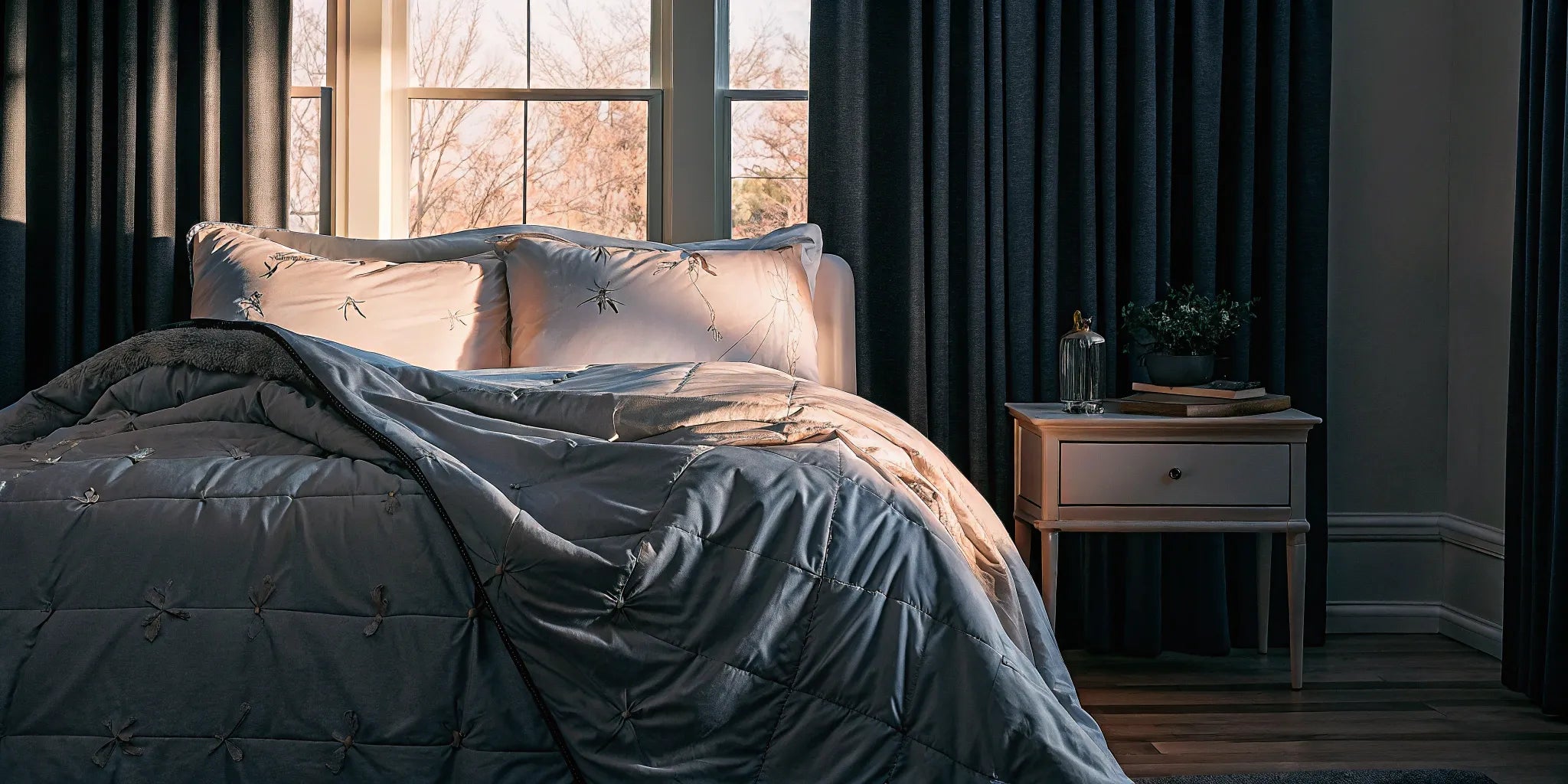 Queen size weighted blanket on bed.