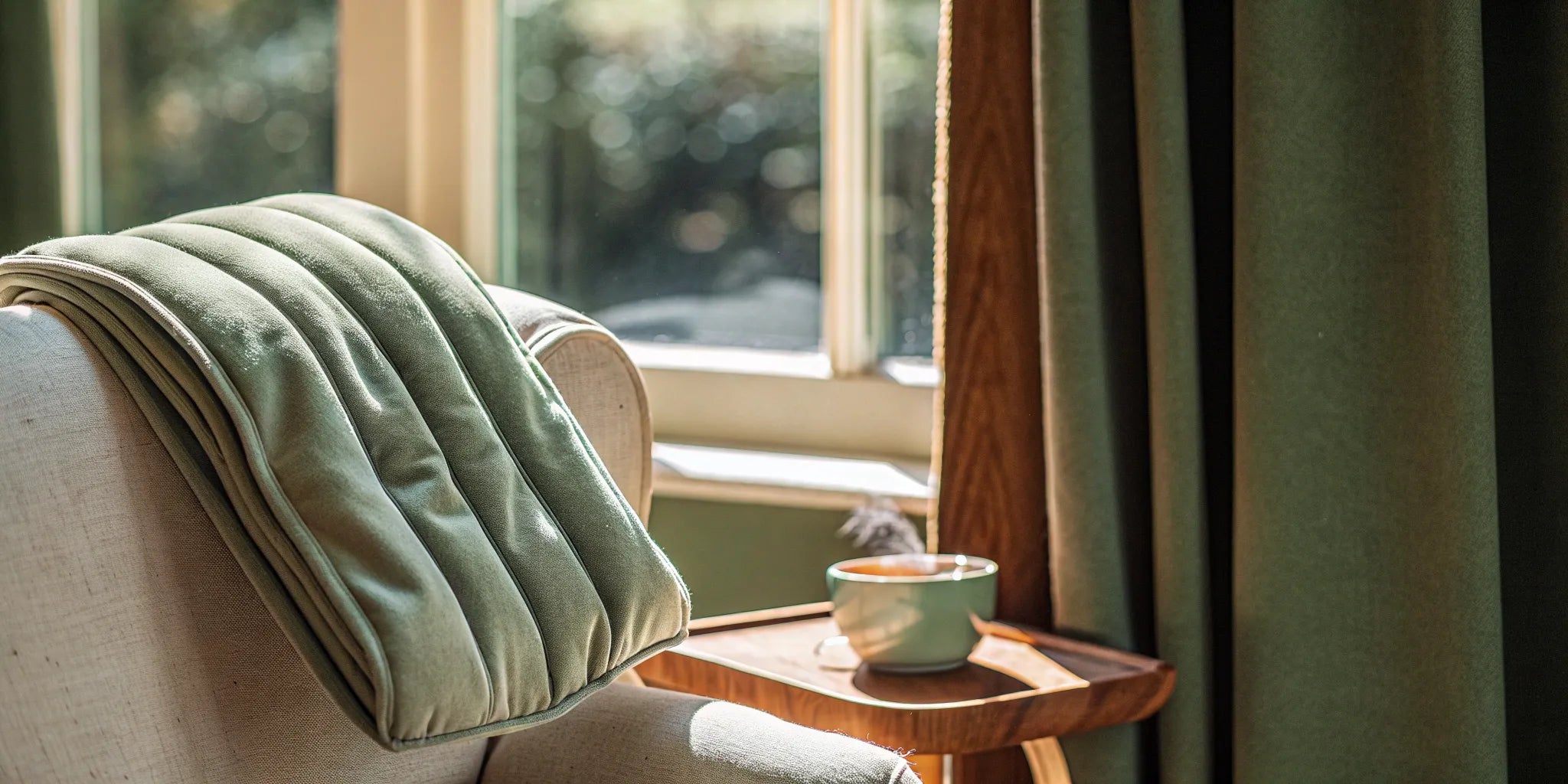 Weighted shoulder wrap on cozy chair near sunny window.