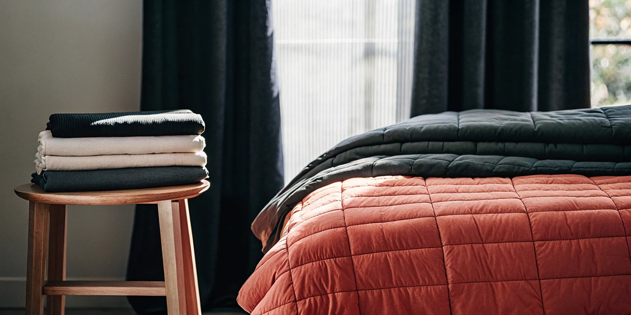 A custom weighted blanket on a bed with fabric and color swatches available to order.