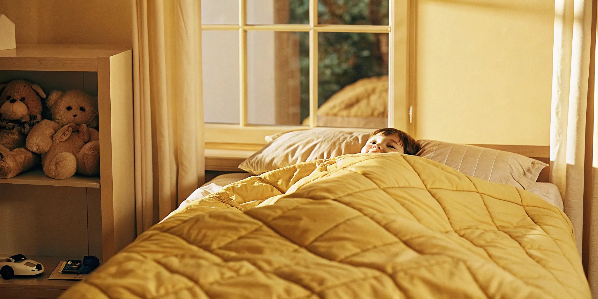 Child sleeping soundly under a weighted blanket.