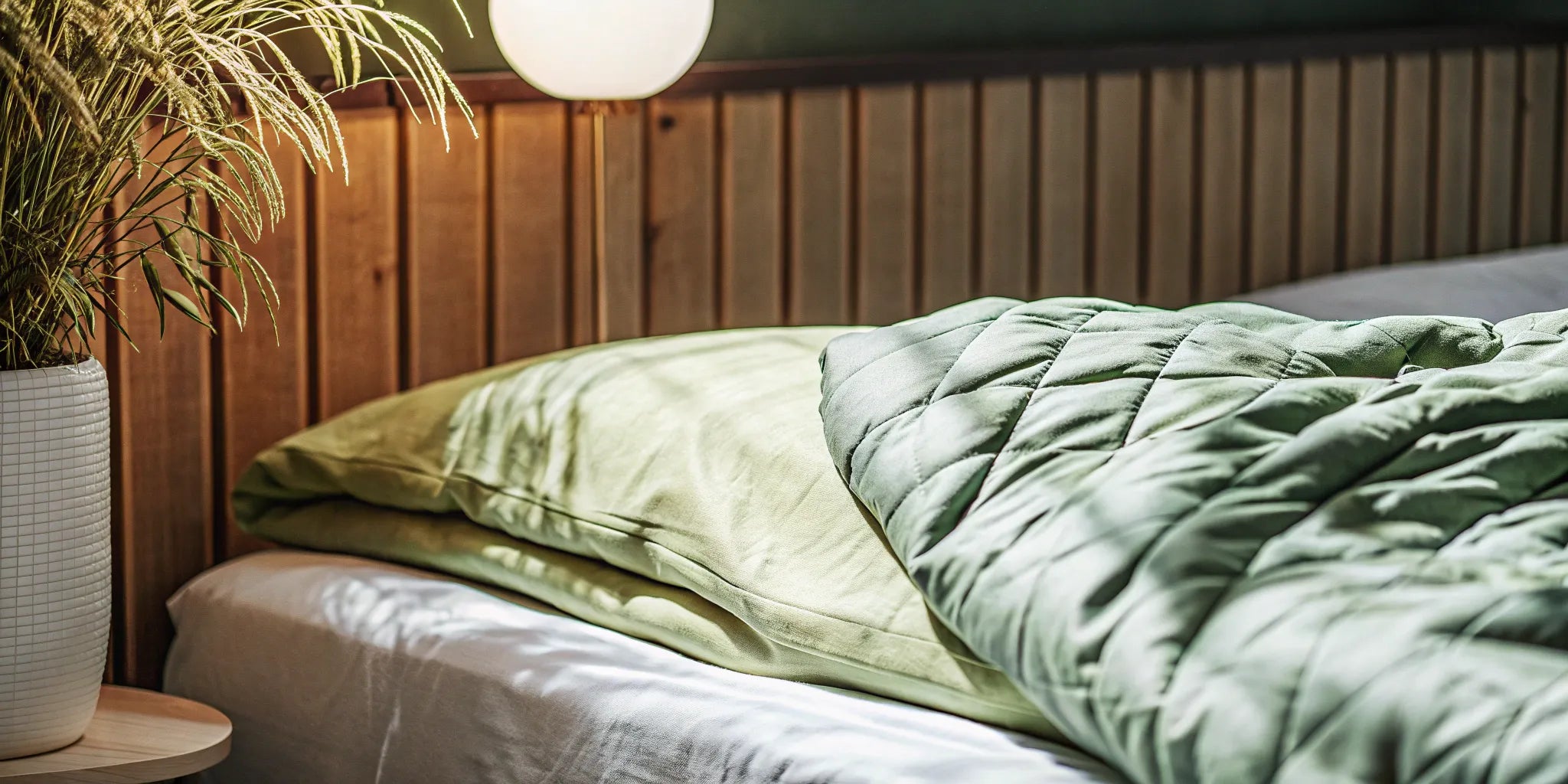 A green 15-pound weighted blanket on a bed, a perfect choice for those looking to buy.