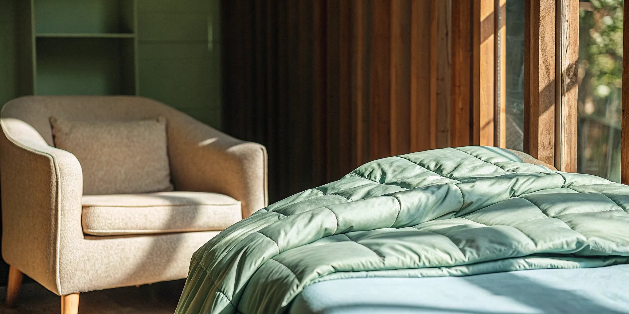 A weighted blanket for stress and anxiety relief resting on a comfortable bed.