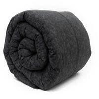 A rolled up cotton weighted blanket in a black color, showing a textured pattern.