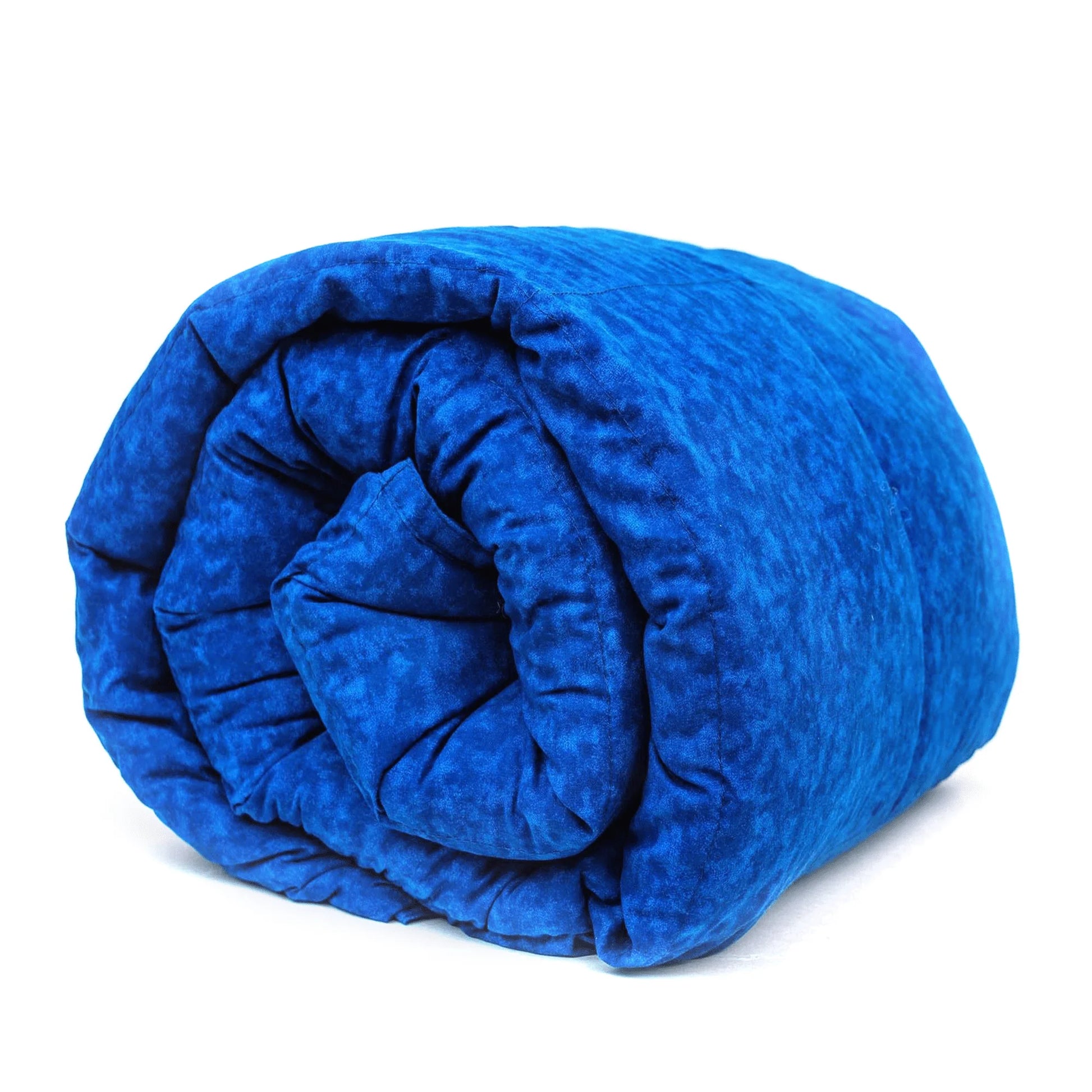 A rolled up weighted blanket in a navy blue color, showing a textured pattern.