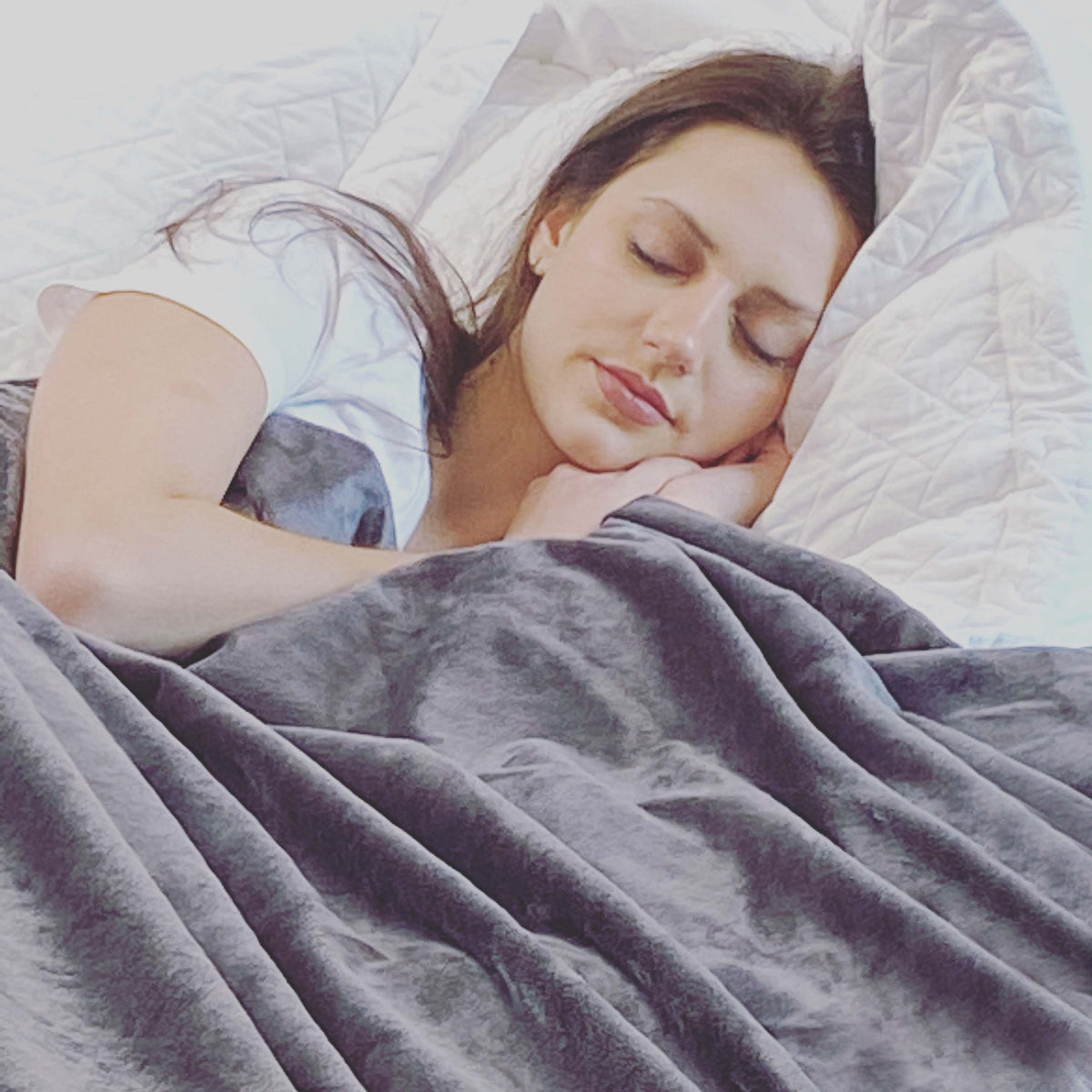 Woman Lying Under her Charcoal Gray Plush Duvet Cover