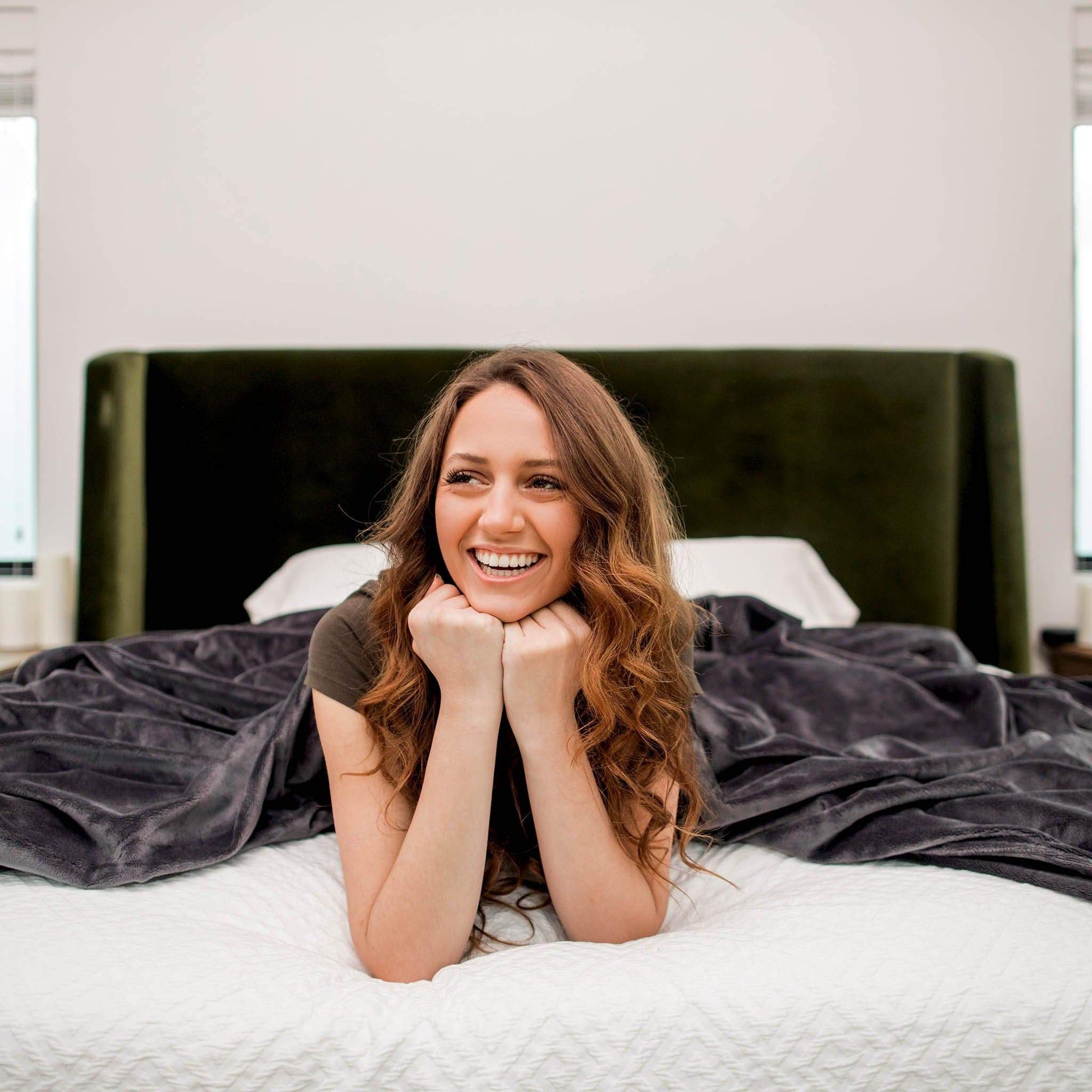 Woman Lying Under her Charcoal Gray Plush Duvet Cover